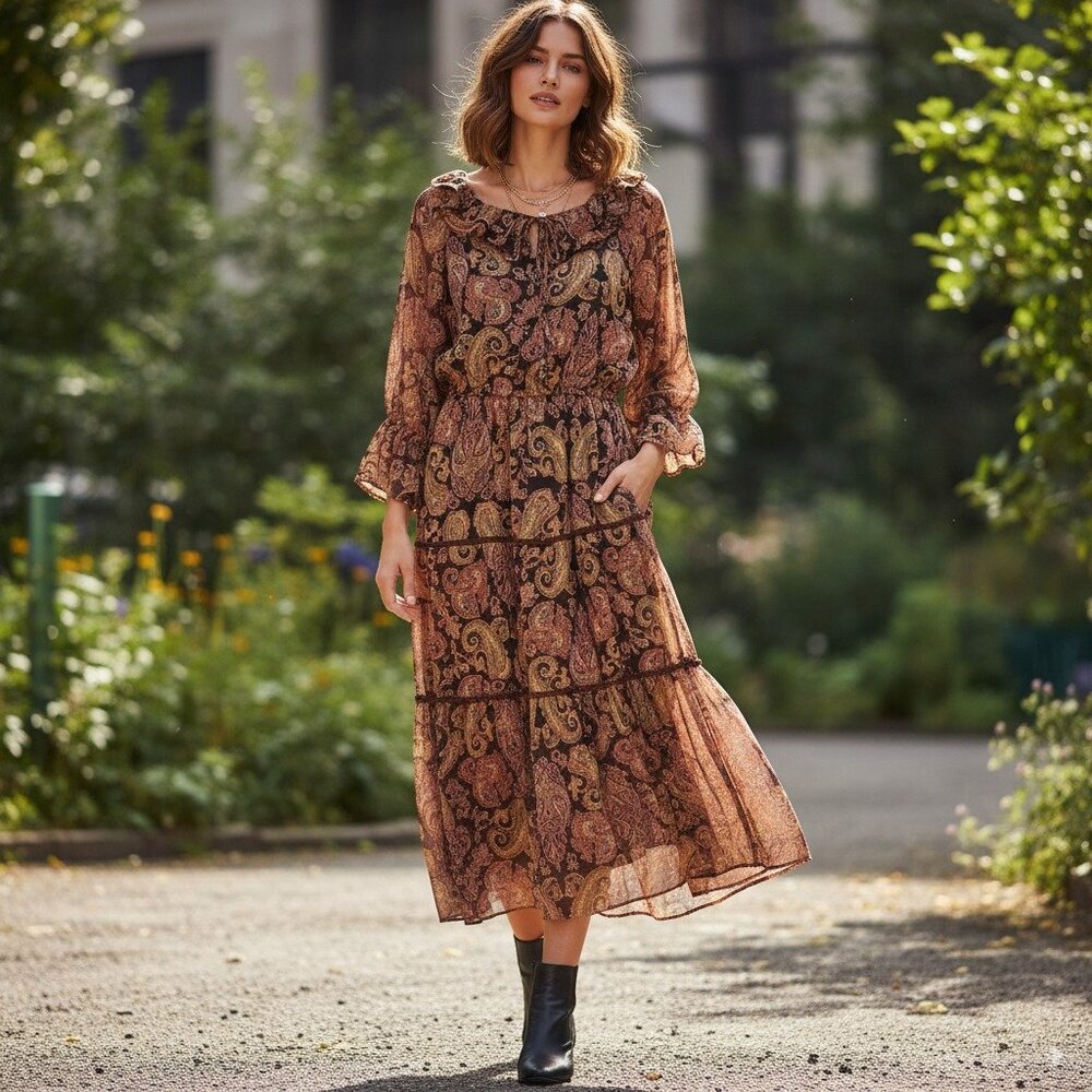 Lost + Wander Paisley Midi Dress in Brown and Black
